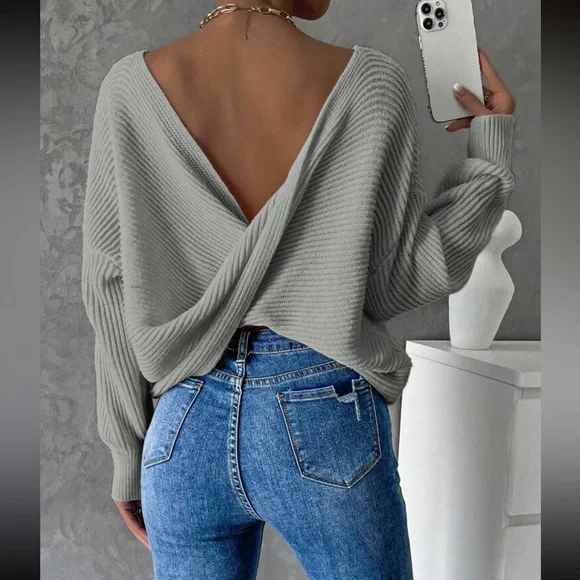 Cozy twist back ribbed knit sweater top